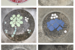 保育園のロゴと各クラスのロゴを駐車場のコンクリート土間にタイルでデザイン